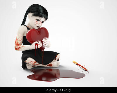 3D rendering di una coperta di sangue piccola ragazza con cuore di sanguinamento. Foto Stock