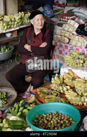 Donna seduta la vendita di frutti a Meo Vac mercato, Ha Giang Provincia del Vietnam del nord Foto Stock