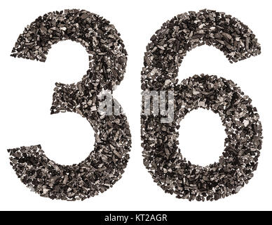 Numero arabo 36, trenta sei, dal nero di un carbone naturale, isolato su sfondo bianco Foto Stock
