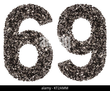 Numero arabo 69, sessanta nove, dal nero di un carbone naturale, isolato su sfondo bianco Foto Stock