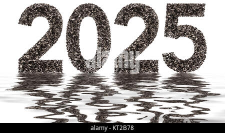 Il numero di riferimento 2025 dal nero di un carbone naturale, isolato su sfondo bianco e la riflessione in acqua Foto Stock