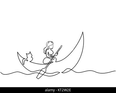 Ragazza con gatto su dinghy luna Illustrazione Vettoriale