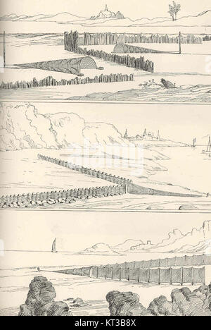 Questa ricerca si concentra sui vari metodi di posa delle falce sulla costa francese, con particolare attenzione ai materiali utilizzati per costruire le ali di queste trappole da pesca. Lo studio descrive in dettaglio le tecniche e i materiali che ne ottimizzano la funzione e la durata nelle acque costiere. Foto Stock