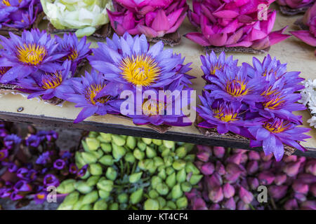 Fiori venduto per essere utilizzato come offerta di fronte al Tempio della Reliquia del Dente di Kandy (Sri Lanka). Foto Stock