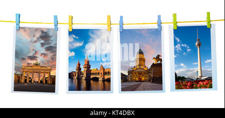 Collage con cartoline delle principali attrazioni di Berlino su sfondo bianco Foto Stock