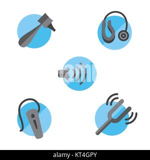 La perdita di udito solid icon set con otoscopio, diapason / apparecchi acustici Illustrazione Vettoriale