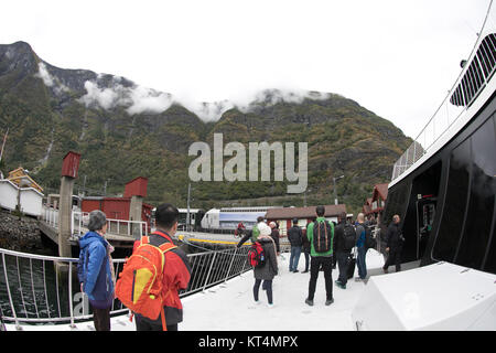 I turisti in piedi sul tourboat con lussureggianti montagne sullo sfondo, Naerøyfjord, Aurland, Norvegia Foto Stock