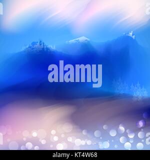 La primavera e l'estate acquerello mountaine sfondo con shining scintille e bokeh di fondo. Illustrazione Vettoriale, design grafico modificabile per il design. Illustrazione Vettoriale