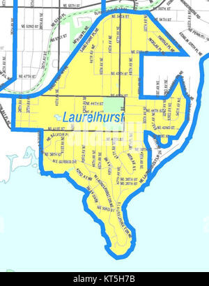 Questa mappa evidenzia il quartiere Laurelhurst di Seattle, con i dettagli delle sue strade, dei suoi monumenti e della sua disposizione. Fornisce una panoramica geografica della zona. Foto Stock