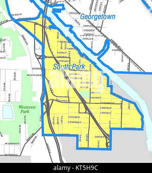 Questa mappa di South Park, Seattle, mette in evidenza la struttura geografica e le caratteristiche principali di questo quartiere, riflettendo la sua struttura urbana e l'ambiente locale. Foto Stock