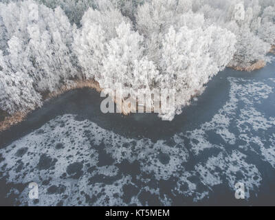 Vista aerea dell'inverno sfondo con una coperta di neve la foresta e il lago dal di sopra catturato con un drone in Polonia. Foto Stock