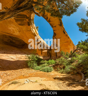 Arco di uranio in Moab Utah. Composizione quadrata con distorcere la vista panoramica Foto Stock