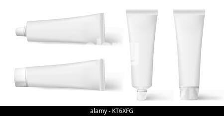 Set di realistico cosmetici crema bianca tubo. Set di tubo di dentifricio prodotti isolati. Confezione per cosmetici raccolta per la crema, zuppe, schiume, shampoo, colla, dentifricio. Illustrazione Vettoriale