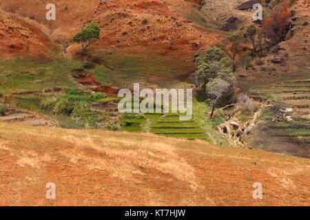 La strada attraverso il Madagascar highland paesaggio di campagna. Foto Stock