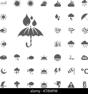 Ombrellone e gocce di pioggia e la relativa icona. Meteo icone vettoriali set. Illustrazione Vettoriale