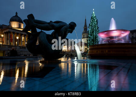 Londra, Regno Unito. Il 21 dicembre, 2017. Il Trafalgar Square Christmas tree è un albero di Natale donato al popolo di Gran Bretagna dalla città di Oslo, Norvegia ogni anno a partire dal 1947. La struttura ad albero viene visualizzata in Trafalgar Square a partire dall'inizio di dicembre fino al 6 gennaio. Il Trafalgar Square albero di Natale è stato un dono annuale per il popolo di Gran Bretagna dalla città di Oslo come segno di riconoscenza per il sostegno britannico alla Norvegia durante la Seconda Guerra Mondiale. Credito: BRIAN HARRIS/Alamy Live News Foto Stock