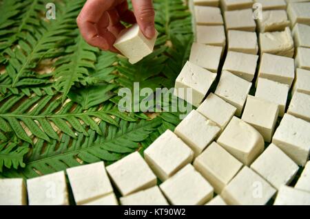 Xuan'en, la Cina della provincia di Hubei. 22 Dic, 2017. Yi Yinjie, un residente locale, fa fermentare tofu a Shanghutang comunità in Zhushan Township, Xuan'en County, centrale cinese della provincia di Hubei, Dic 22, 2017. Il chicco fermentato cagliata è un tradizionale snack a Xuan'en County. Credito: Song Wen/Xinhua/Alamy Live News Foto Stock