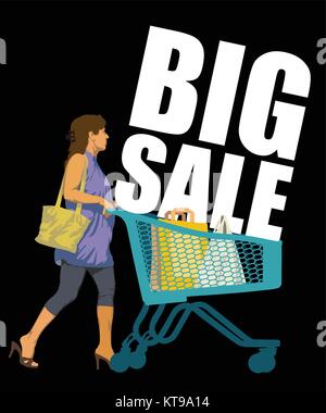 Grande vendita. Creative poster colorati. Donna su shopping con carrello della spesa e borse per lo shopping. Venerdì nero modello di disegno su sfondo nero. Vecto Illustrazione Vettoriale