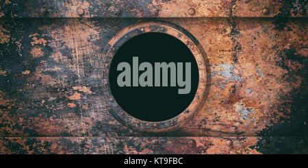 Rusty sommergibile oblò sullo sfondo di metallo, banner. 3d illustrazione Foto Stock