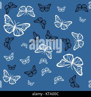 In bianco e nero con farfalle su sfondo blu Illustrazione Vettoriale