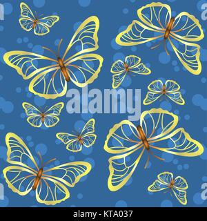 Sfondo blu con golden farfalle e circoli Illustrazione Vettoriale