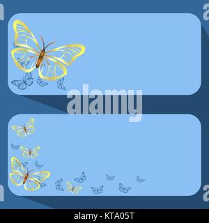 Banner blu con farfalle dorate su uno sfondo blu scuro Illustrazione Vettoriale