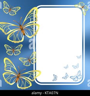 Pagina bianca con farfalle di oro su sfondo blu Illustrazione Vettoriale