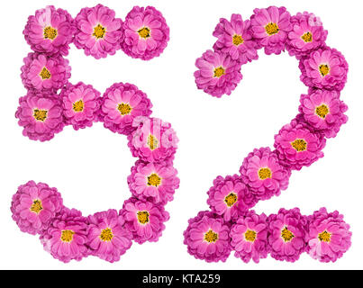 Numero arabo 52, cinquanta due, dai fiori di crisantemo, isolato su sfondo bianco Foto Stock