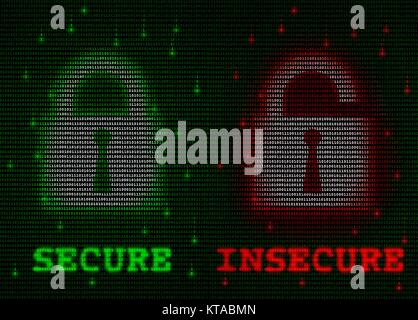 I dati di insicurezza. Computer artwork di bloccato e sbloccato le icone a forma di lucchetto su uno sfondo di uni e di zeri â€" numeri binari. Questo può rappresentare l'uso di software di sicurezza per proteggere i dati e le informazioni detenute su personal computer. Foto Stock