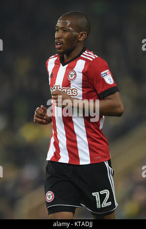 Brentford's Kamohelo Mokotjo durante il cielo di scommessa match del campionato a Carrow Road, Norwich. Stampa foto di associazione. Picture Data: venerdì 22 dicembre, 2017. Vedere PA storia SOCCER Norwich. Foto di credito dovrebbe leggere: Joe Giddens/filo PA. Restrizioni: solo uso editoriale nessun uso non autorizzato di audio, video, dati, calendari, club/campionato loghi o 'live' servizi. Online in corrispondenza uso limitato a 75 immagini, nessun video emulazione. Nessun uso in scommesse, giochi o un singolo giocatore/club/league pubblicazioni. Foto Stock