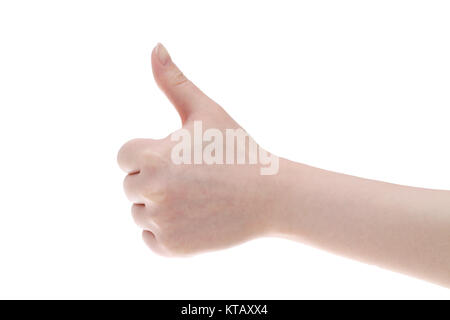 Donna mano con pollice in alto isolato su bianco backgroundã€€ Foto Stock