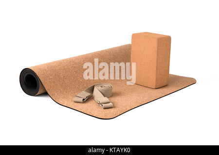 Lo Yoga Cork Mat Set Eco Friendly su sfondo bianco Foto Stock