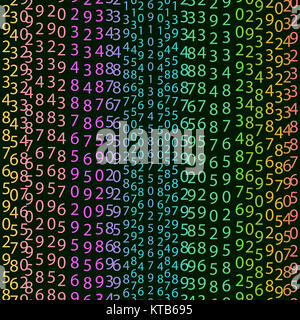 Il concetto di matrice rainbow nero e sfondo verde con cifre sullo schermo. Algoritmo, binaria codice dati, decodifica e codifica, colorato rainbow riga di matrice, illustrazione vettoriale Foto Stock