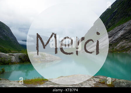 Testo francese mezzi Merci Grazie. Il lago con le montagne in Norvegia. Cielo nuvoloso. Tranquillo paesaggio, paesaggio con rocce e erba. Biglietto di auguri Foto Stock