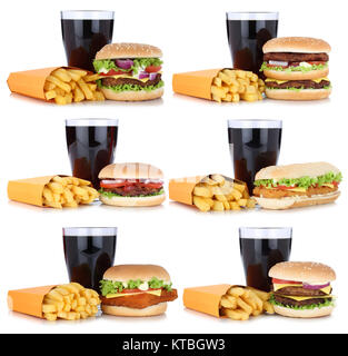 Raccolta di hamburger collage cheeseburger menu menu menu con le patatine fritte esentati cola drink tagliare Foto Stock