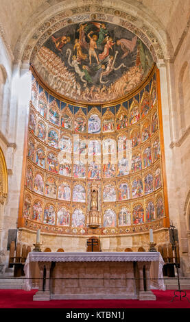 Altare y retablo mayor de la Catedral Vieja de Salamanca. Ciudad patrimonio de la humanidad. Castilla León. España Foto Stock