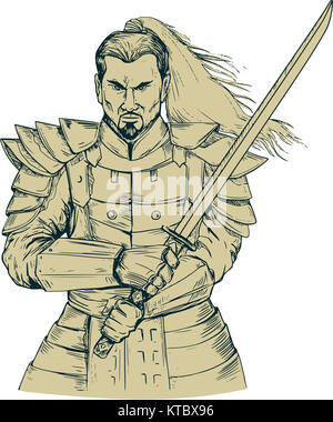 Samurai Warrior atteggiamento Swordfight disegno Foto Stock