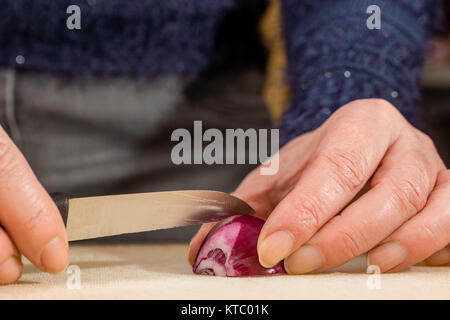 Hausfrau beim Schneiden einer roten Zwiebel Foto Stock