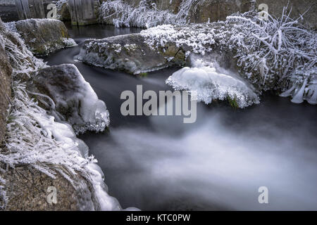 Flusso in inverno con il ghiaccio e la brina sulla riva Foto Stock