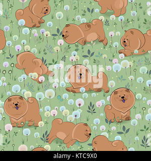 Felice di cuccioli sul campo di fioritura Foto Stock