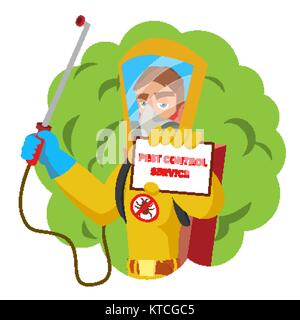 Anti microbi igiene Concetto di vettore. Lavoratore la spruzzatura di pesticidi. Tuta di protezione chimica le termiti. La disinfezione. Isolato su bianco personaggio dei fumetti illustrazione Illustrazione Vettoriale