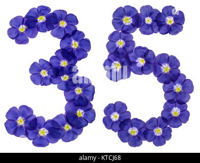 Numero arabo 35, trentacinque, dai fiori blu di lino, isolato su sfondo bianco Foto Stock