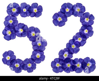 Numero arabo 52, cinquanta due, dai fiori blu di lino, isolato su sfondo bianco Foto Stock