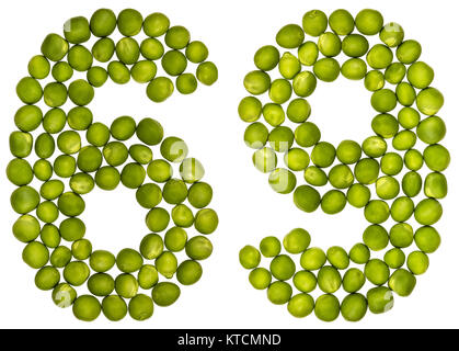 Numero arabo 69, sessanta nove, dal verde piselli, isolati su sfondo bianco Foto Stock