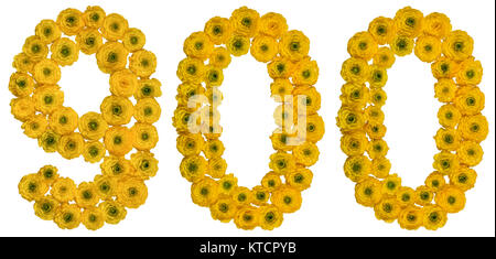 Numero arabo 900, nove cento, dal giallo dei fiori di ranuncolo, isolato su sfondo bianco Foto Stock