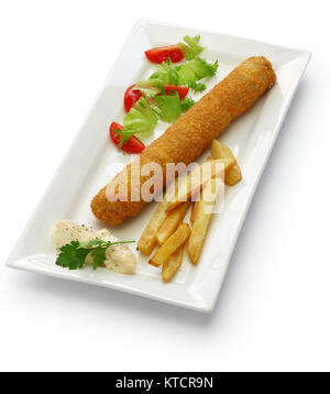 Flamenquin, fritte lungo involtino di carne di maiale, Spagnolo Cordova cucina isolati su sfondo bianco Foto Stock