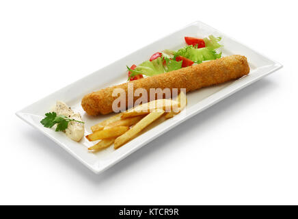 Flamenquin, fritte lungo involtino di carne di maiale, Spagnolo Cordova cucina isolati su sfondo bianco Foto Stock