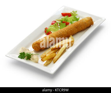 Flamenquin, fritte lungo involtino di carne di maiale, Spagnolo Cordova cucina isolati su sfondo bianco Foto Stock