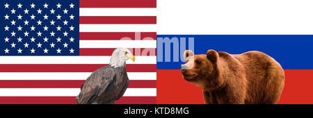 Concezione delle relazioni USA e Russia. Americani e russi bandiere. Aquila calva, l'orso bruno. Rapporto, conflitto, il confronto tra Stati Uniti e Russia. Foto Stock