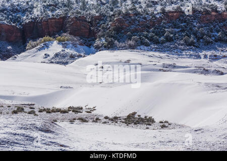 Paesaggio di Dune dopo una nevicata di primavera in Coral Pink Sand Dunes State Park, Utah, Stati Uniti d'America Foto Stock